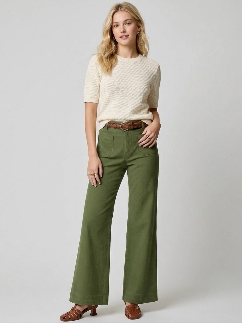 J. CREW Lizzy Wide Leg Pants Womens 32 High Rise Preppy Green Linen Cotton NWOT